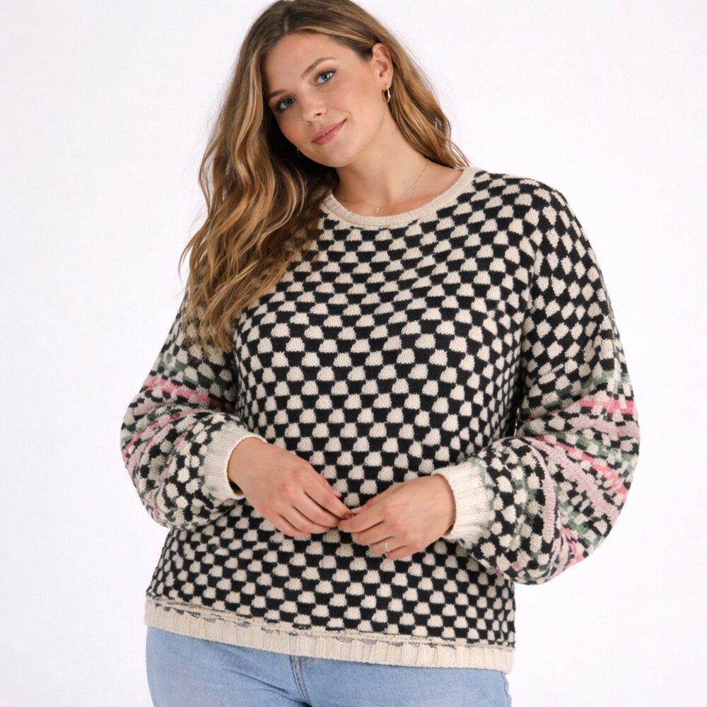 $120 Zaket & Plover Geometric Knit Sweater Balloon Sleeve Cotton Size L